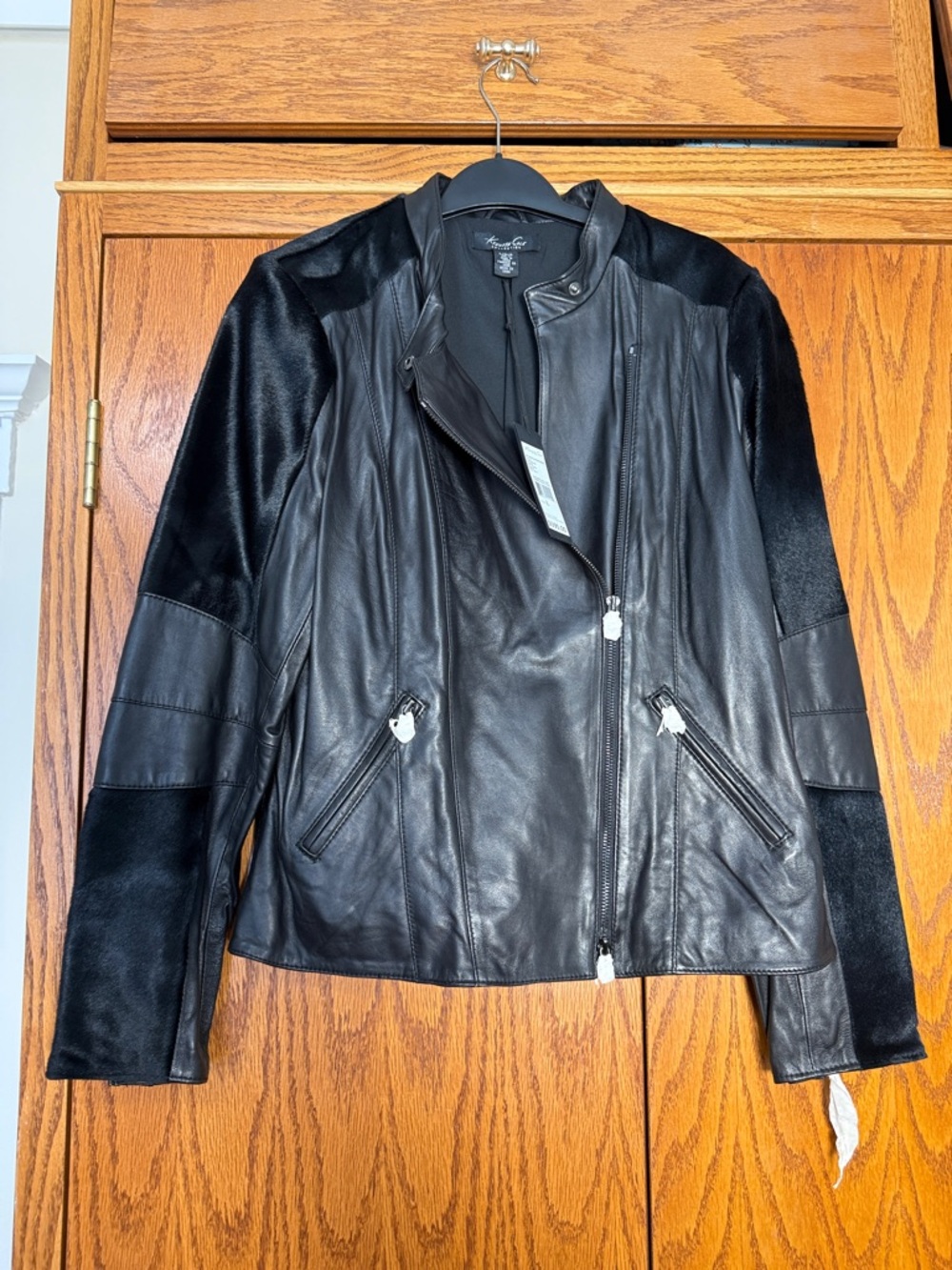 Kenneth Cole Black Mixed-Texture Genuine Leather Jacket